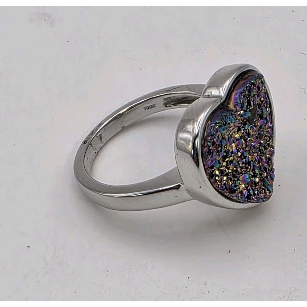 Rainbow Drusy Agate Heart Sterling Silver TGGC Vintage Ring Sz 7 Brazil Boho 925 - Picture 4 of 16